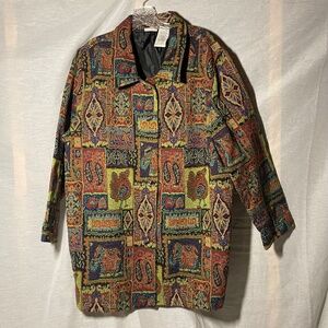 White Stagg Women’s Tapestry Blazer Jacket Beaded Animals Elephant Artsy. Boho
